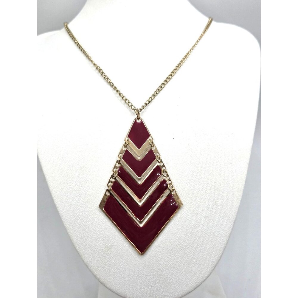 Gold-Tone Chevron Pendant Necklace With Red Enamel Accents On Chain For Women